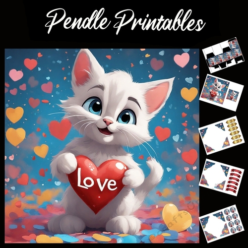 Love In A Heart Cute White Kitten 7x7 Card Kit. Matching Box, Gift Bauble,Tag