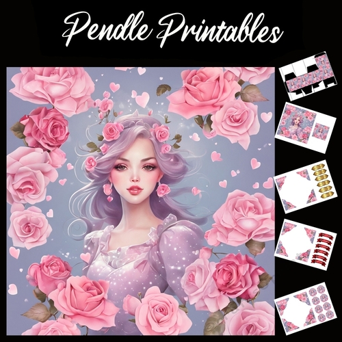 Lovely Rose Girl Birthday Card (2) 7x7 Card Kit. Matching Box, Gift Bauble,Tag