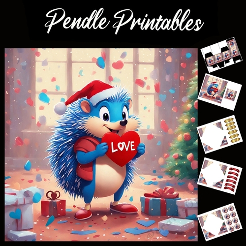 Cute Blue Christmas Hedgehog 7x7 Card Kit. Matching Box, Gift Bauble,Tag