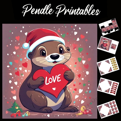 Cute Christmas Otter Holding Love In Heart 7x7 Card Kit. Matching Box, Gift Bauble,Tag
