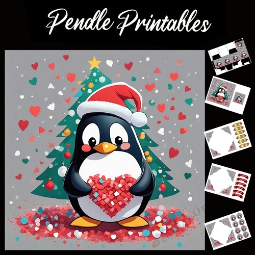 Cute Christmas Penguin With Heart 7x7 Card Kit. Matching Box, Gift Bauble,Tag
