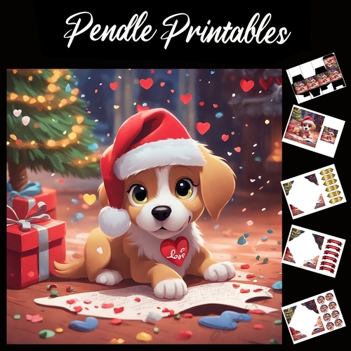 Cute Love Heart Tag Christmas Puppy 7x7 Card Kit. Matching Box, Gift Bauble,Tag