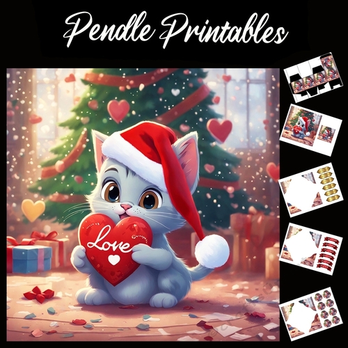 Cute Grey Love In Heart Christmas Kitten 7x7 Card Kit. Matching Box, Gift Bauble,Tag