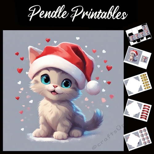Cute Christmas Kitten With Hearts 7x7 Card Kit. Matching Box, Gift Bauble,Tag
