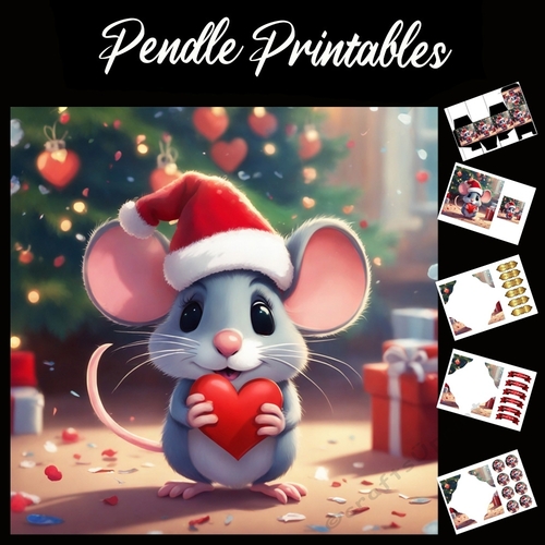 Cute Christmas Mouse/Rat 7x7 Card Kit. Matching Box, Gift Bauble,Tag