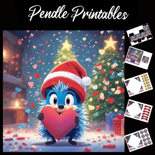 Funny Christmas Blue Hedgehog 7x7 Card Kit. Matching Box, Gift Bauble,Tag