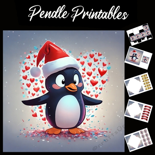Cute Hearts Penguin 7x7 Card Kit. Matching Box, Gift Bauble,Tag