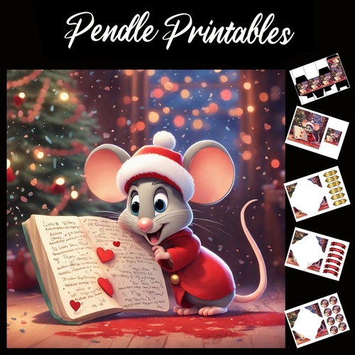 Love Story Christmas Mouse 7x7 Card Kit. Matching Box, Gift Bauble,Tag