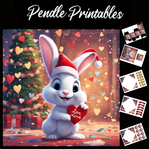 I Doubly Love You Cute Rabbit 7x7 Card Kit. Matching Box, Gift Bauble,Tag