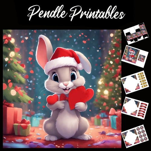 The Hearts Cute Rabbit 7x7 Card Kit. Matching Box, Gift Bauble,Tag