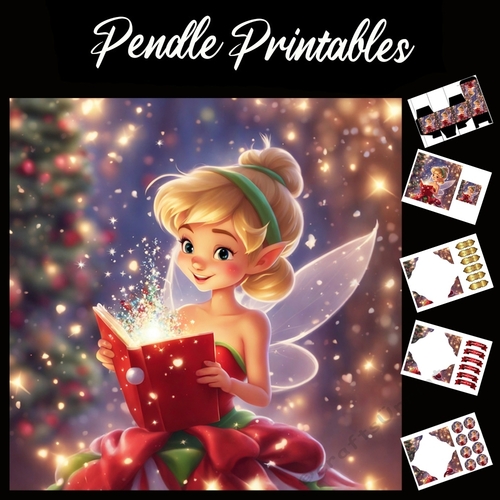 Cute Christmas Fairy Reading A Book 7x7 Card Kit. Matching Box, Gift Bauble,Tag