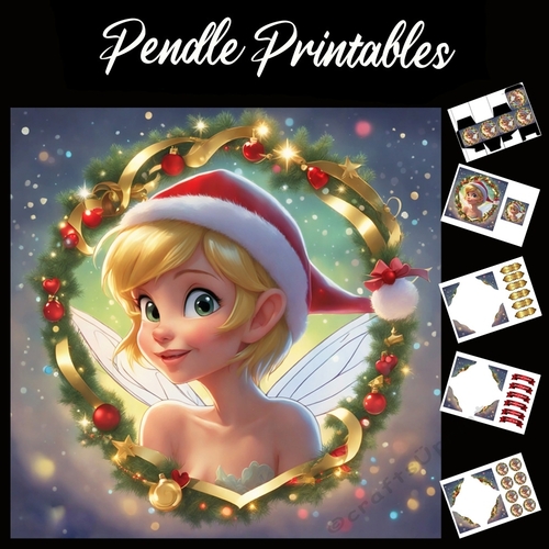 Cute Christmas Fairy In Wreath 7x7 Card Kit. Matching Box, Gift Bauble,Tag