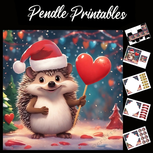 Cute Christmas Hedgehog Holding Heart 7x7 Card Kit. Matching Box, Gift Bauble,Tag