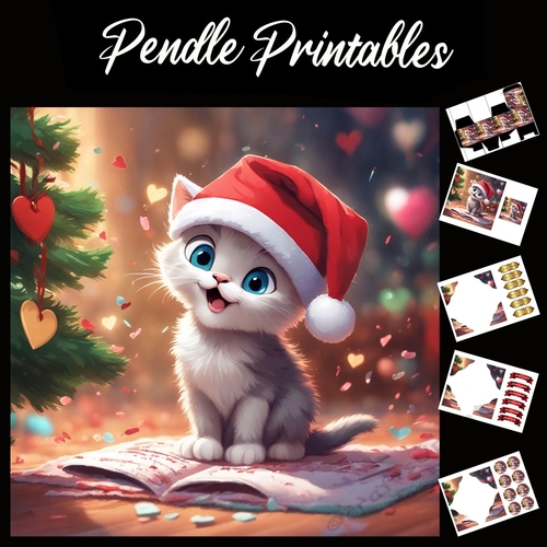 Cute Christmas Kitten On A Book 7x7 Card Kit. Matching Box, Gift Bauble,Tag