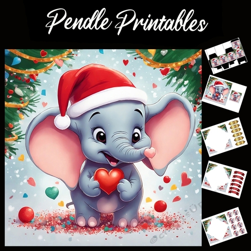 Love At Christmas Cute Baby Elephant 7x7 Card Kit. Matching Box, Gift Bauble,Tag