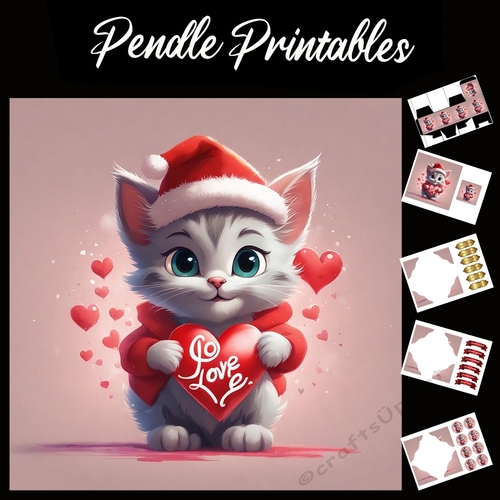 Lovely Cute Love Heart Kitten 7x7 Card Kit. Matching Box, Gift Bauble,Tag