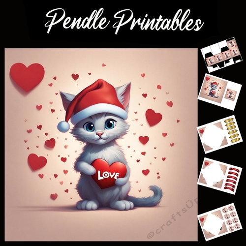 Cute Love Heart Christmas Kitten 7x7 Card Kit. Matching Box, Gift Bauble,Tag