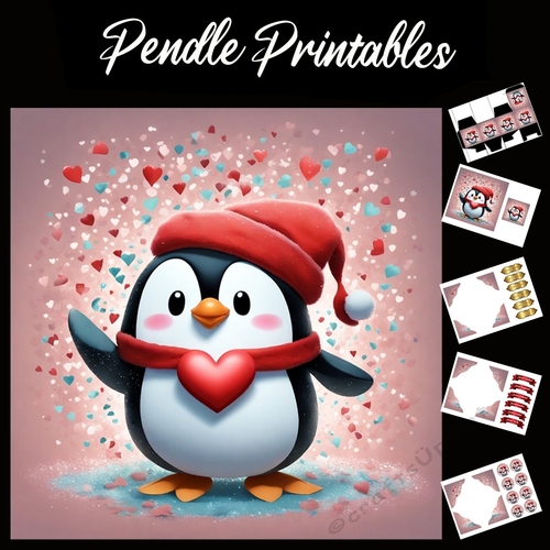 Cute Christmas Heart Penguin 7x7 Card Kit. Matching Box, Gift Bauble,Tag