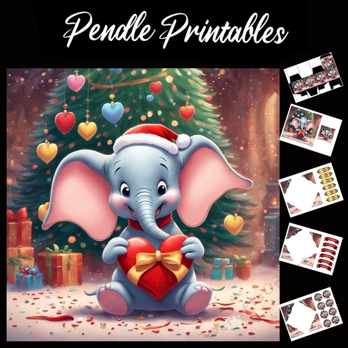 Cute Baby Elephant With Heart In Bow 7x7 Card Kit. Matching Box, Gift Bauble,Tag