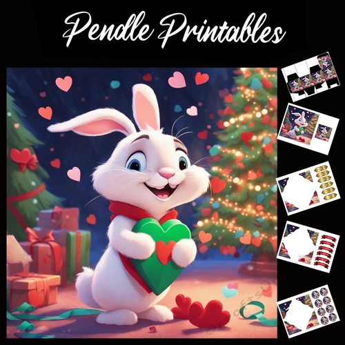 Crazy White Rabbit With Heart 7x7 Card Kit. Matching Box, Gift Bauble,Tag