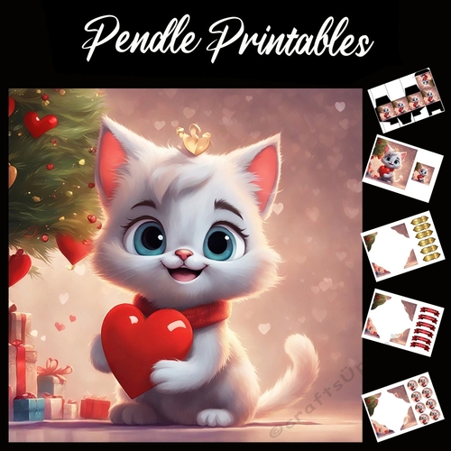 Cute White Kitten With Heart 7x7 Card Kit. Matching Box, Gift Bauble,Tag