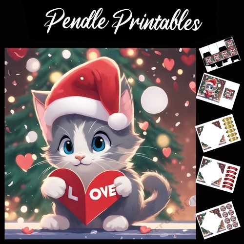 Cute Christmas Kitten With Love Card 7x7 Card Kit. Matching Box, Gift Bauble,Tag
