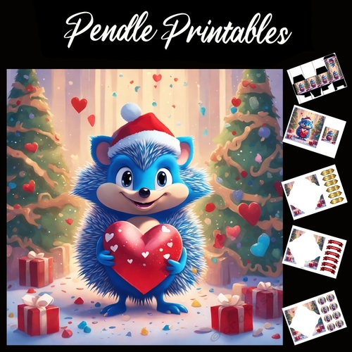 Cute Christmas Blue Hedgehog 7x7 Card Kit. Matching Box, Gift Bauble,Tag