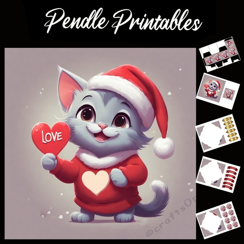 Cute Kitten In Santa Sweater And Hat With Love Heart 7x7 Card Kit. Matching Box, Gift Bauble,Tag