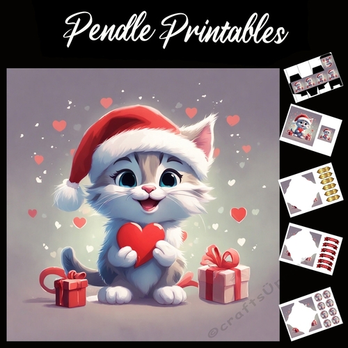 Cute Tabby Kitten With Heart And Gifts 7x7 Card Kit. Matching Box, Gift Bauble,Tag
