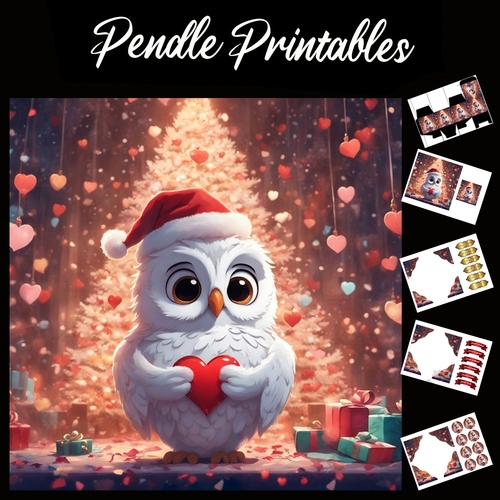 Christmas Wonderland Owl With Heart 7x7 Card Kit. Matching Box, Gift Bauble,Tag