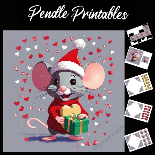 Cheeky Grey Christmas Mouse/Rat 7x7 Card Kit. Matching Box, Gift Bauble,Tag