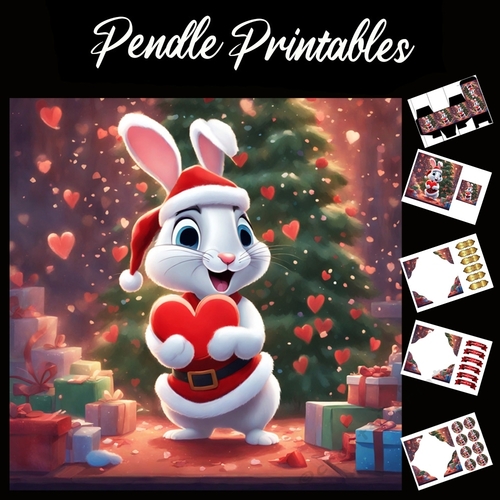 Cute Christmas White Rabbit 7x7 Card Kit. Matching Box, Gift Bauble,Tag