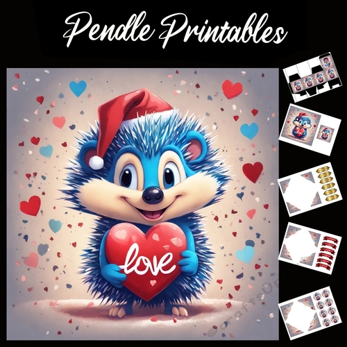 Love In A Heart Cute Blue Hedgehog 7x7 Card Kit. Matching Box, Gift Bauble,Tag