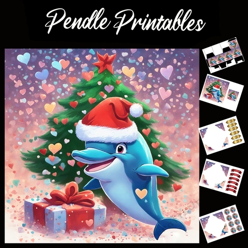 Cute Christmas Dolphin With Tree And Gifts 7x7 Card Kit. Matching Box, Gift Bauble,Tag