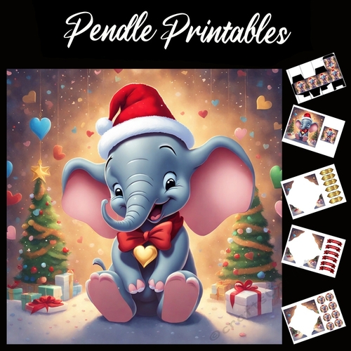 Cute Christmas Baby Elephant With Gold Heart 7x7 Card Kit. Matching Box, Gift Bauble,Tag