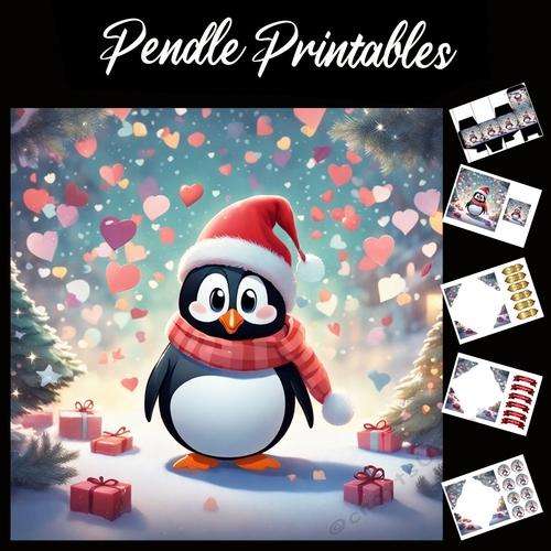 Cute Christmas Penguin 7x7 Card Kit. Matching Box, Gift Bauble,Tag