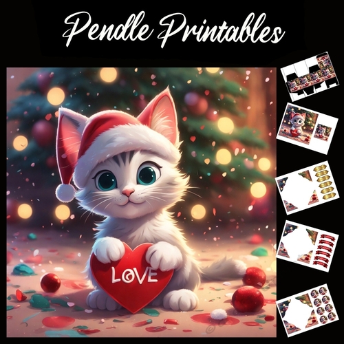 Cute Love In A Heart Kitten 7x7 Card Kit. Matching Box, Gift Bauble,Tag