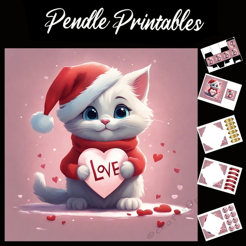 Cute White Kitten In Santa Outfit Love In Heart 7x7 Card Kit. Matching Box, Gift Bauble,Tag