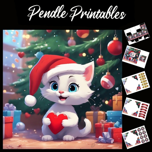 Cute White Christmas Kitten Holding A Heart 7x7 Card Kit. Matching Box, Gift Bauble,Tag