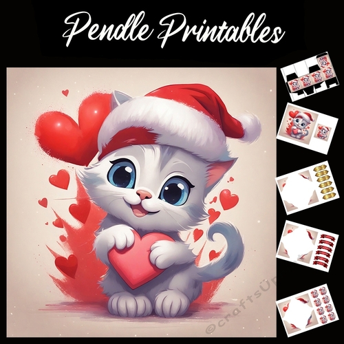 A Splash Of Love Cute Christmas Kitten 7x7 Card Kit. Matching Box, Gift Bauble,Tag