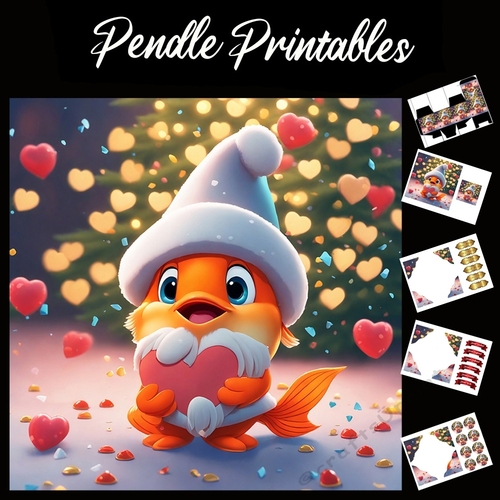 Cute Christmas Goldfish With Heart 7x7 Card Kit. Matching Box, Gift Bauble,Tag
