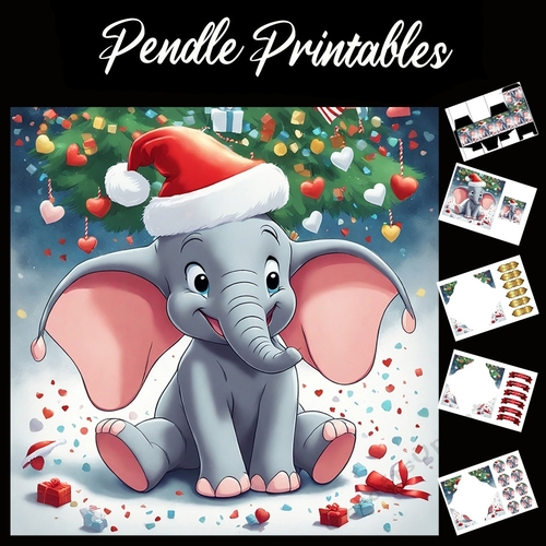 Cute Christmas Baby Elephant 7x7 Card Kit. Matching Box, Gift Bauble,Tag