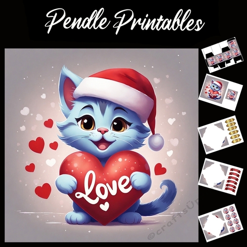 Cute Christmas Kitten Of Love 7x7 Card Kit. Matching Box, Gift Bauble,Tag