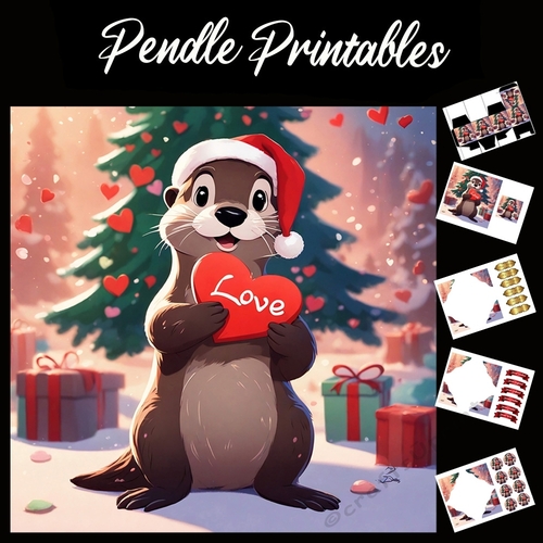 Happy Christmas Otter Of Love 7x7 Card Kit. Matching Box, Gift Bauble,Tag