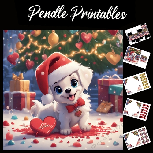 Cute White Fluffy Christmas Puppy 7x7 Card Kit. Matching Box, Gift Bauble,Tag