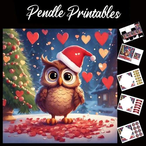 Its Raining Love Christmas Owl 7x7 Card Kit. Matching Box, Gift Bauble,Tag