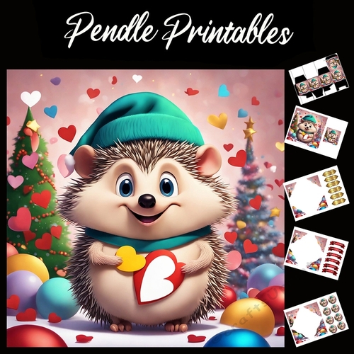 Many Hearts Christmas Cute Hedgehog 7x7 Card Kit. Matching Box, Gift Bauble,Tag