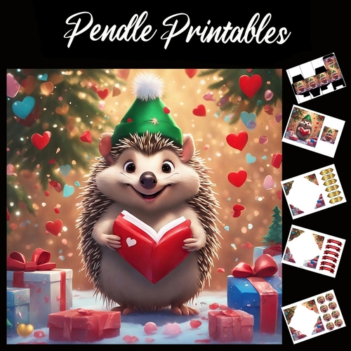 Cute Christmas Hedgehog Reading A Book 7x7 Card Kit. Matching Box, Gift Bauble,Tag