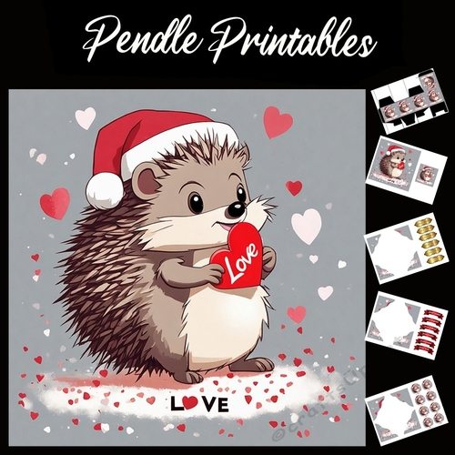 Poster/Retro Art Style Love Christmas Hedgehog 7x7 Card Kit. Matching Box, Gift Bauble,Tag