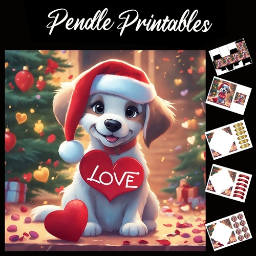 Christmas Puppy With A Big Heart Of Love 7x7 Card Kit. Matching Box, Gift Bauble,Tag